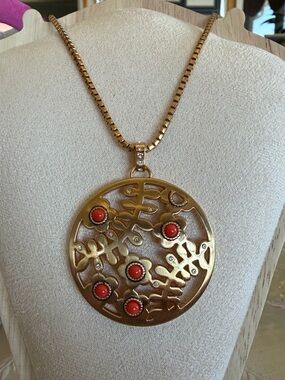 Brighton Francesca Gold-Tone Floral Cutout Pendant Necklace with Red Cabochons